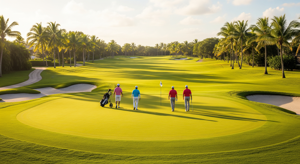 Golfers finishing a hole on a Florida course during golden hour