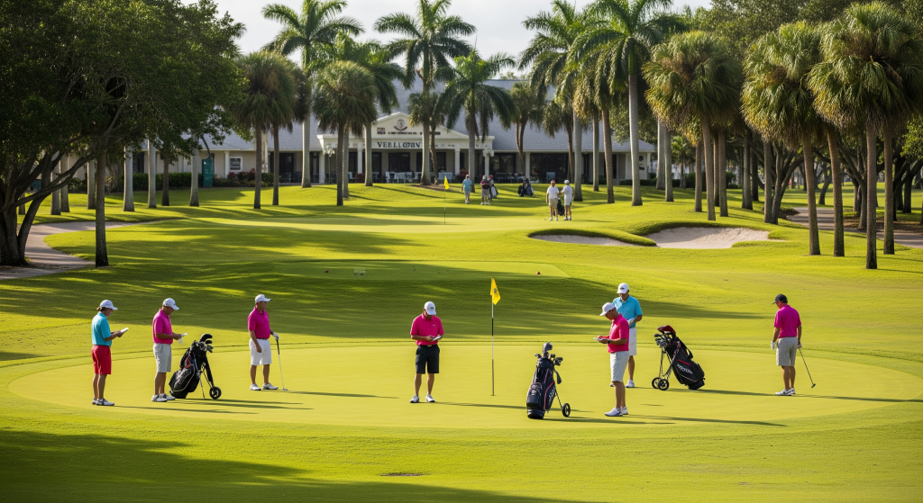 Golfers gathered on a putting green near a Florida clubhouse