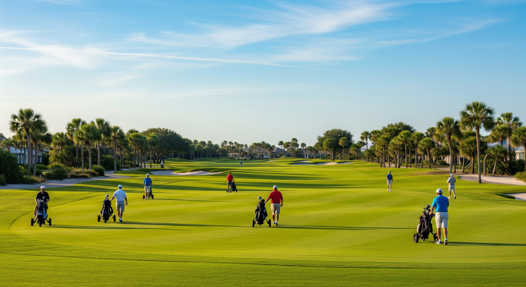 Golfers walking the fairway on a Florida golf course during a lesson