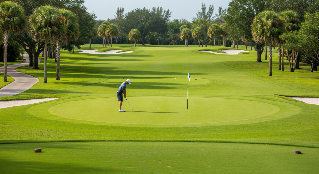 Golfer practicing a short putt during a Florida golf lesson