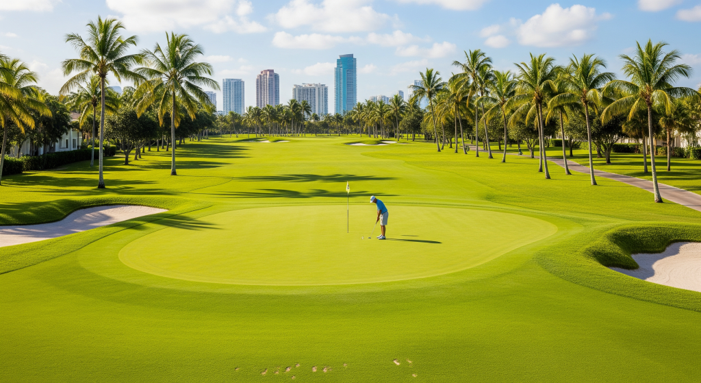 Golfer practicing putting on a Florida green with palm trees and skyline