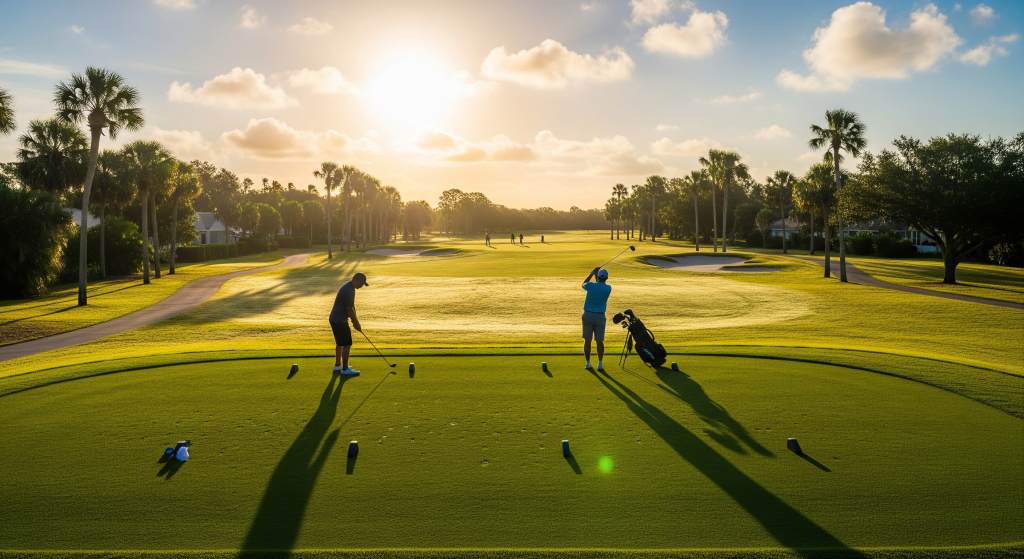 Golf lesson at sunrise with golfers practicing tee shots in Florida
