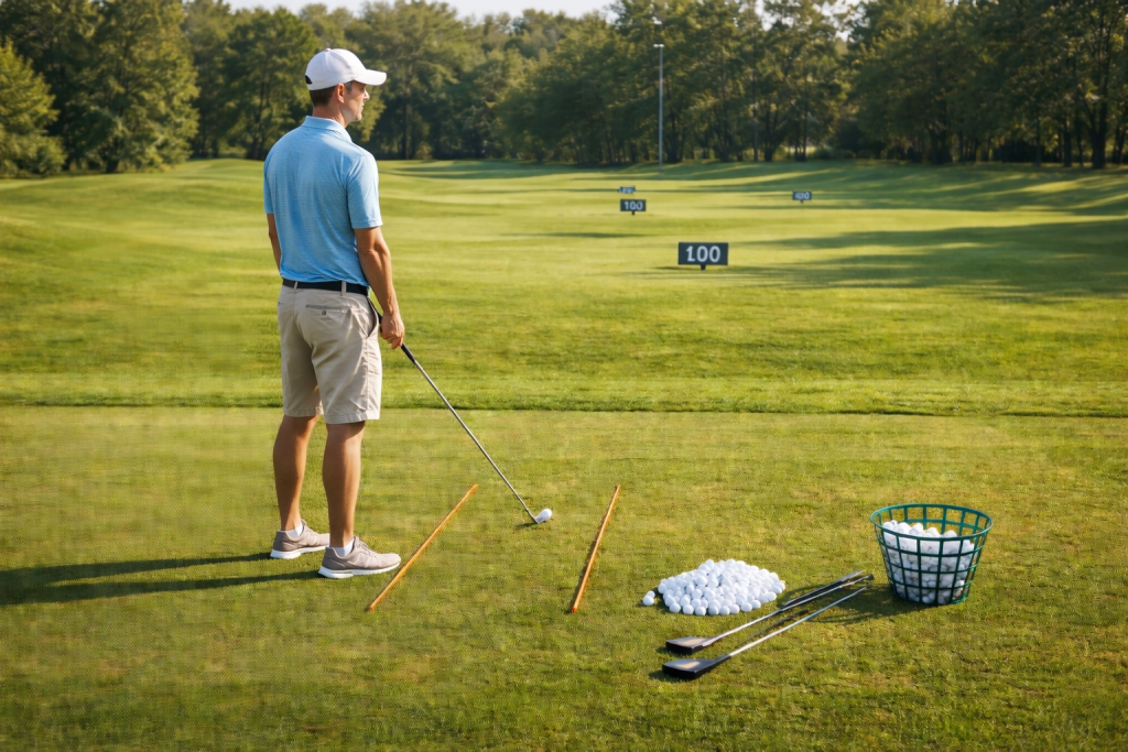 Golf alignment sticks and distance markers on driving range