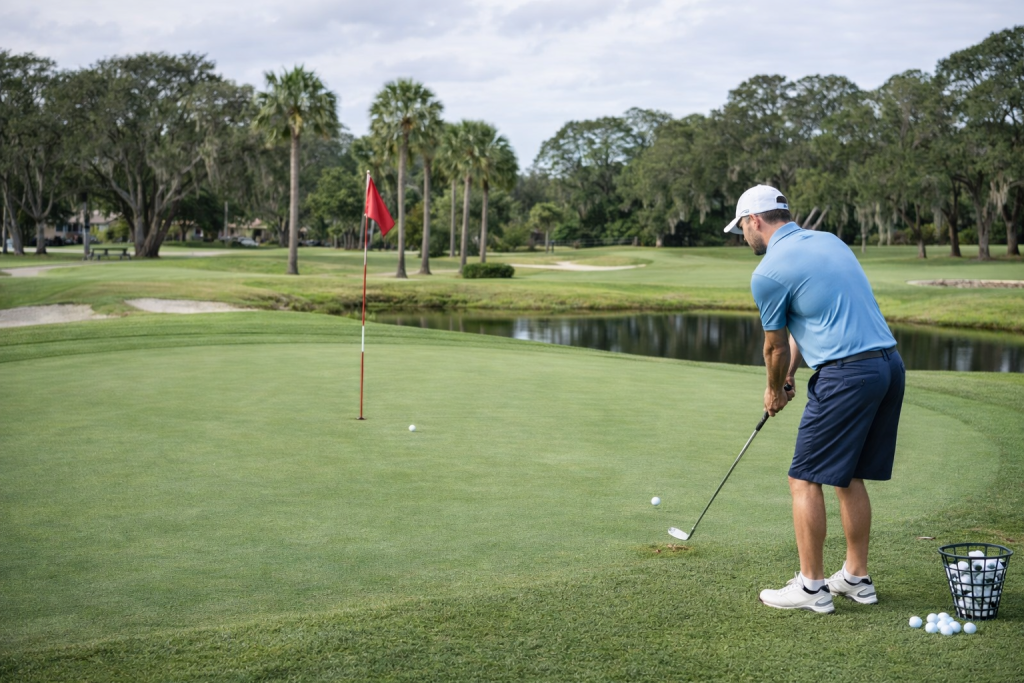 Golfer practicing chip shot near green with water hazard