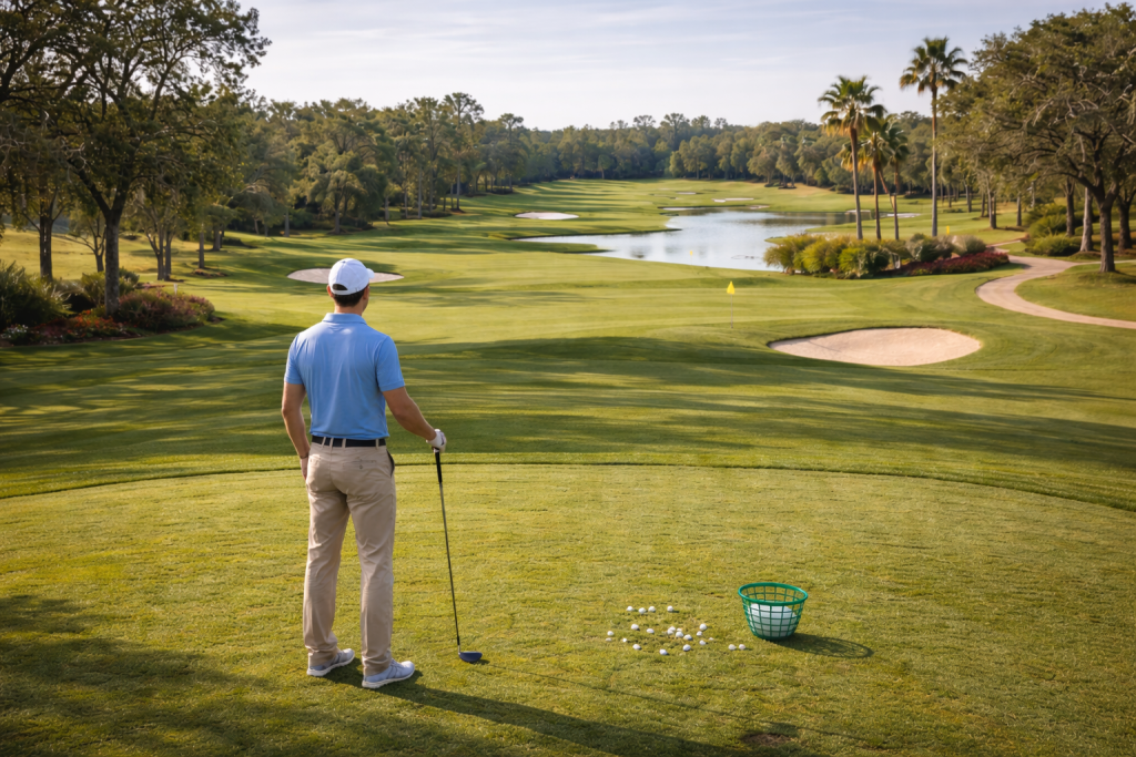 Golfer planning shot on scenic Florida golf course with water hazard