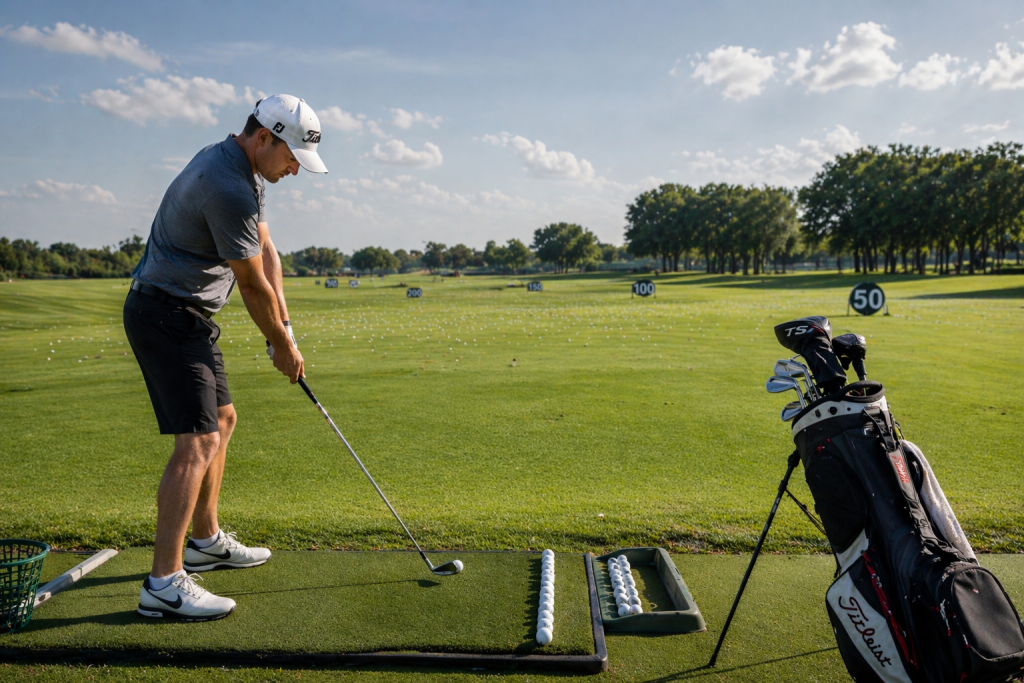 Golfer practicing iron shots at driving range with ball setup