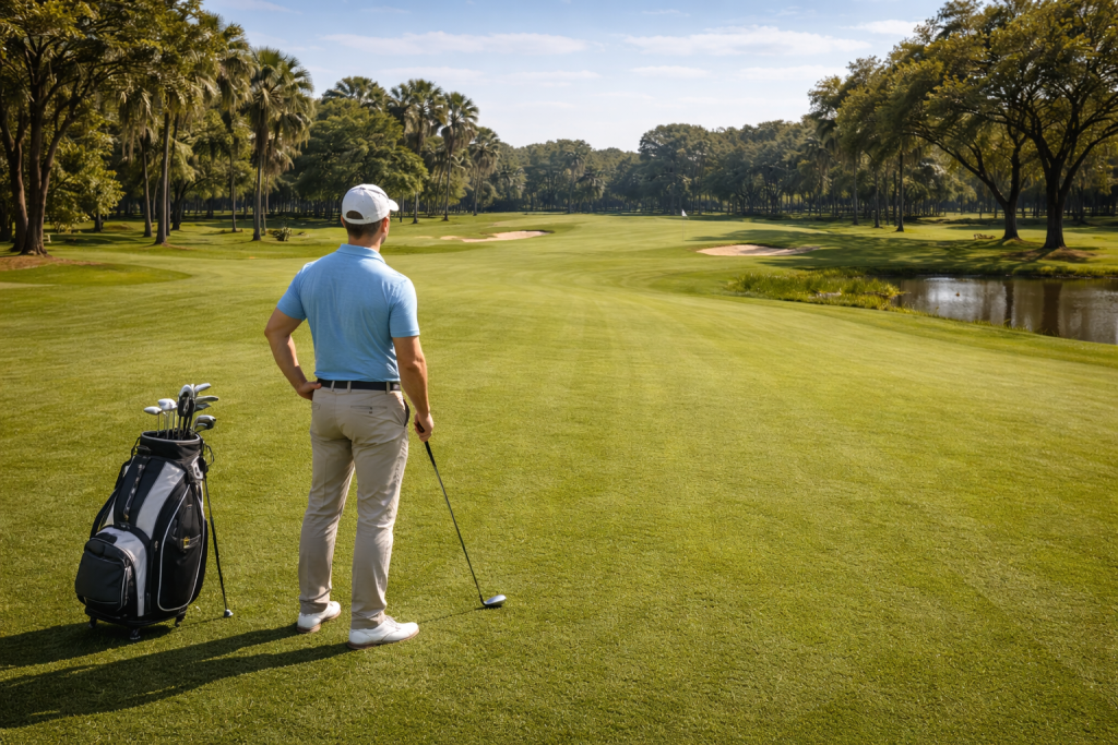 Golfer lining up fairway shot on Florida golf course