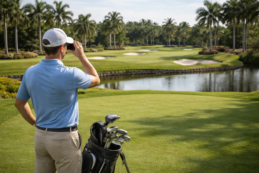 Golfer using rangefinder to measure distance on golf course