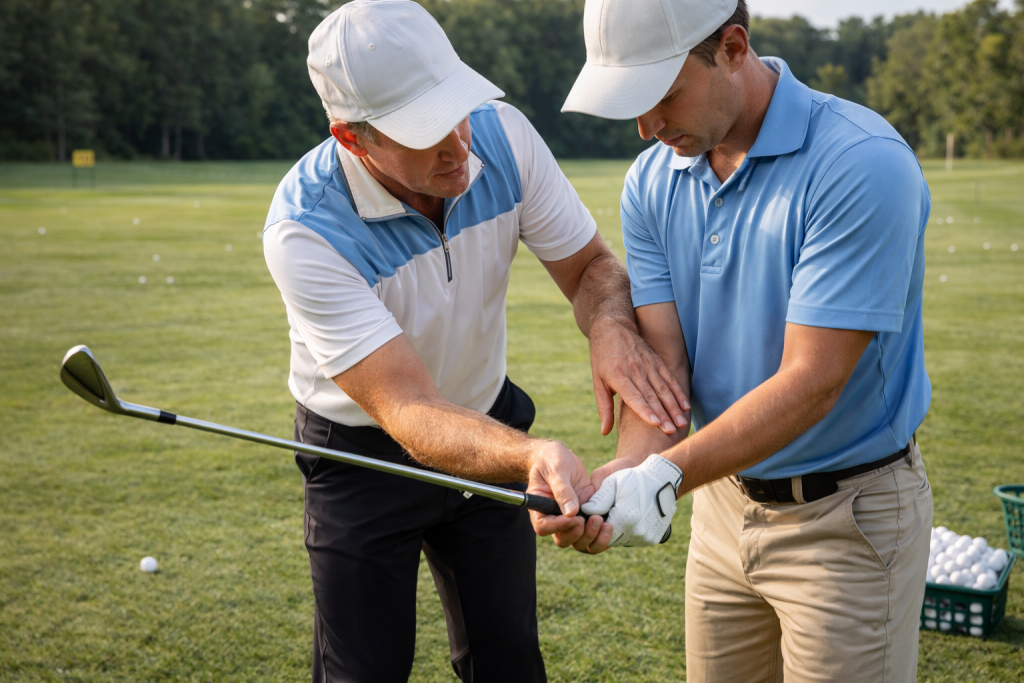Golf instructor teaching proper grip and hand positioning