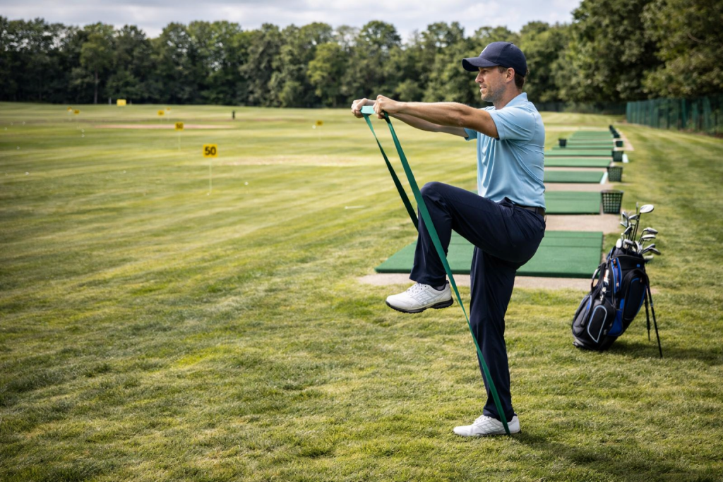Golfer doing resistance band warm-up exercises at driving range