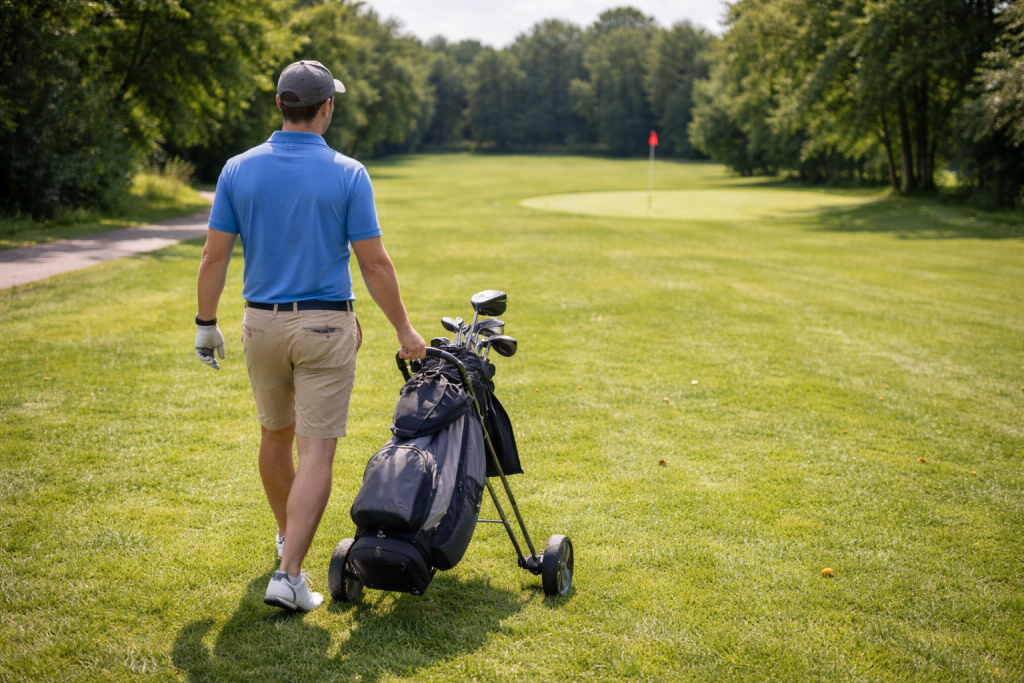 Golfer walking fairway with push cart during practice round
