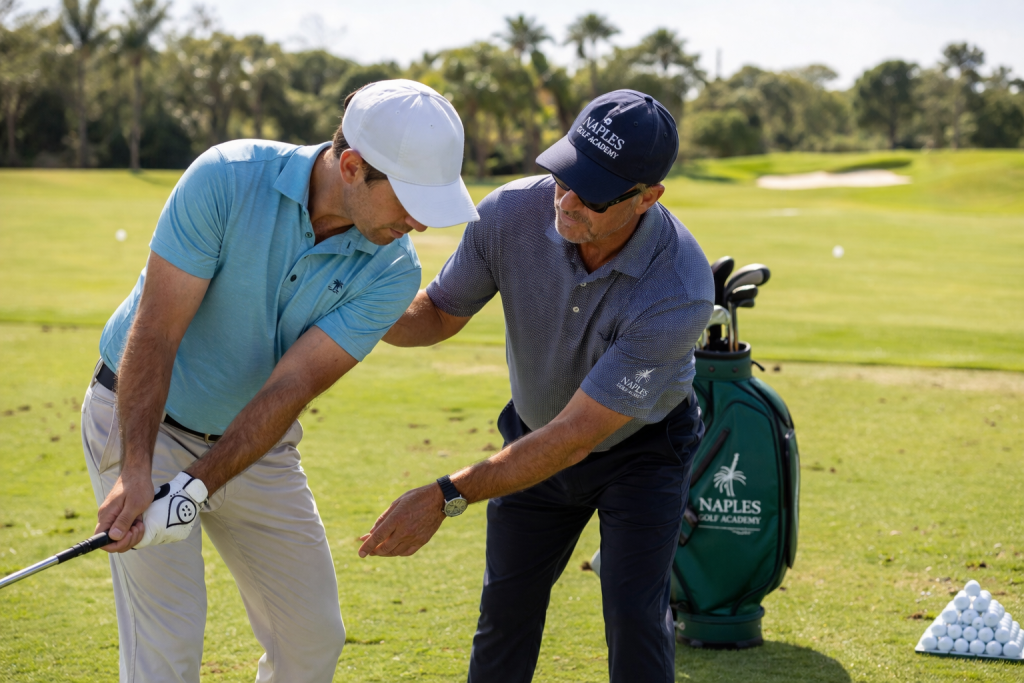 Golf instructor correcting student swing during private lesson