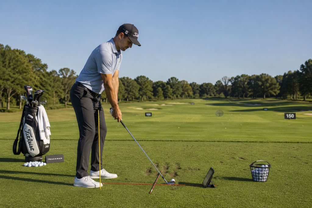 Golfer practicing alignment and setup drill with training aids at driving range
