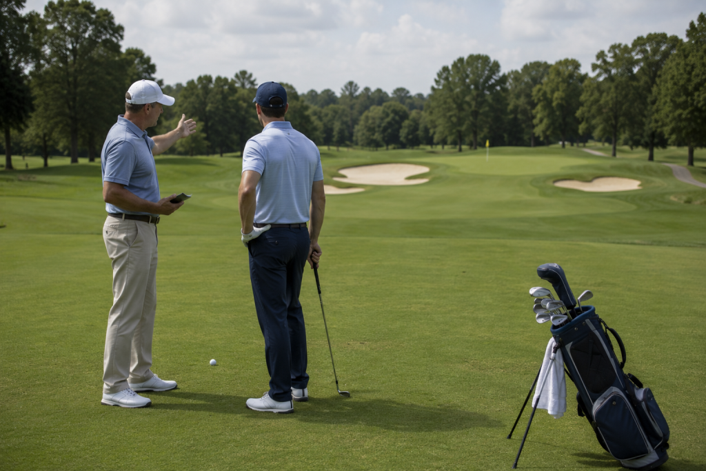 Golf coach discussing course management strategy with student on fairway