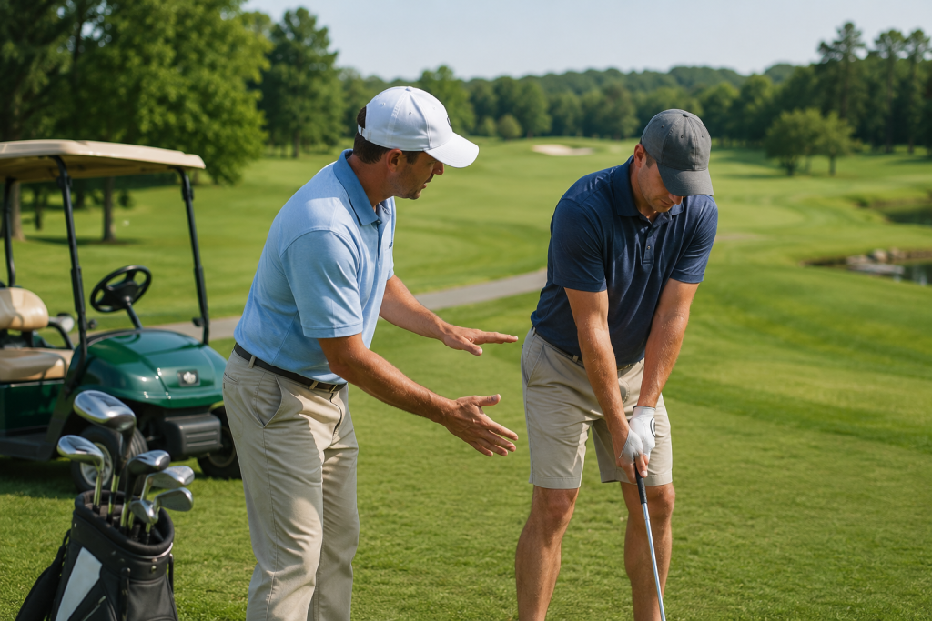 Golf instructor helping student improve setup and address position