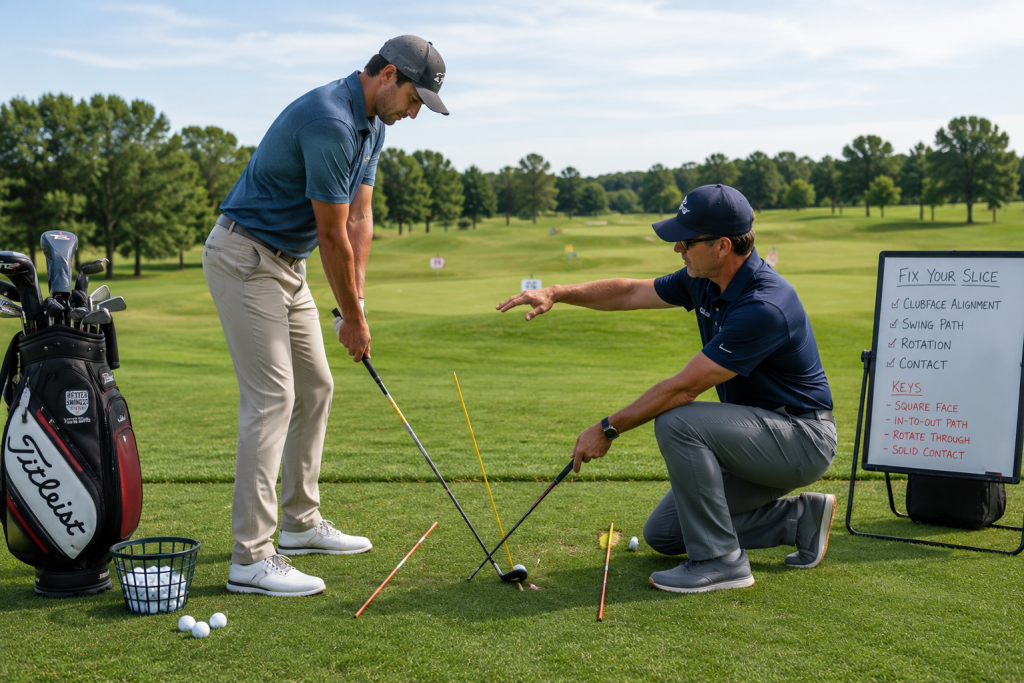 Golf instructor teaching slice correction drill using alignment sticks