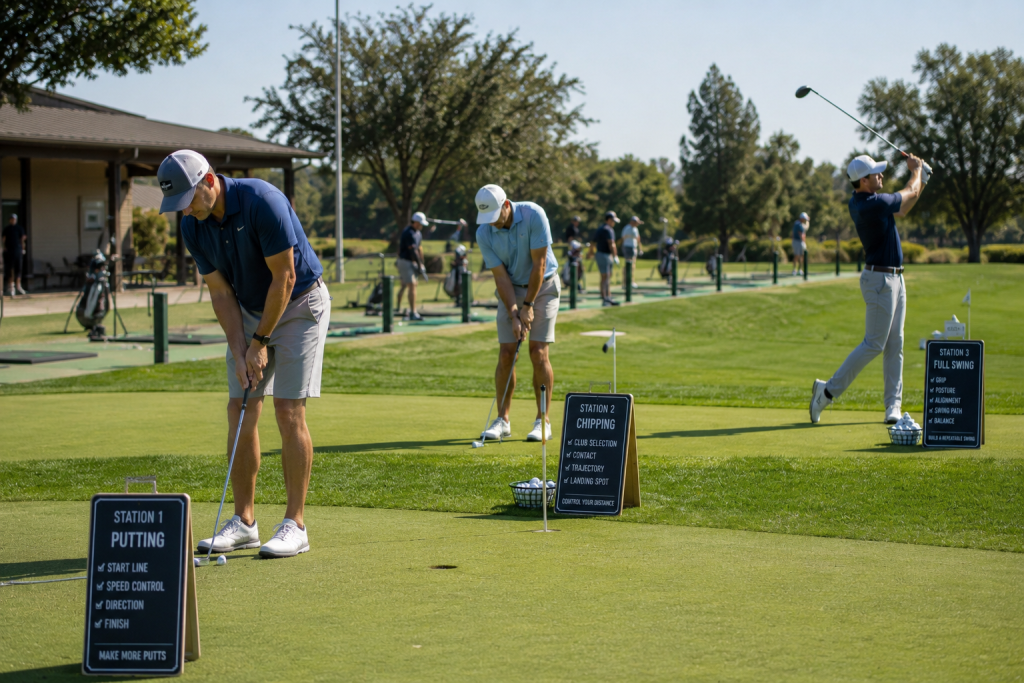 Golfers practicing putting chipping and full swing drills at training stations