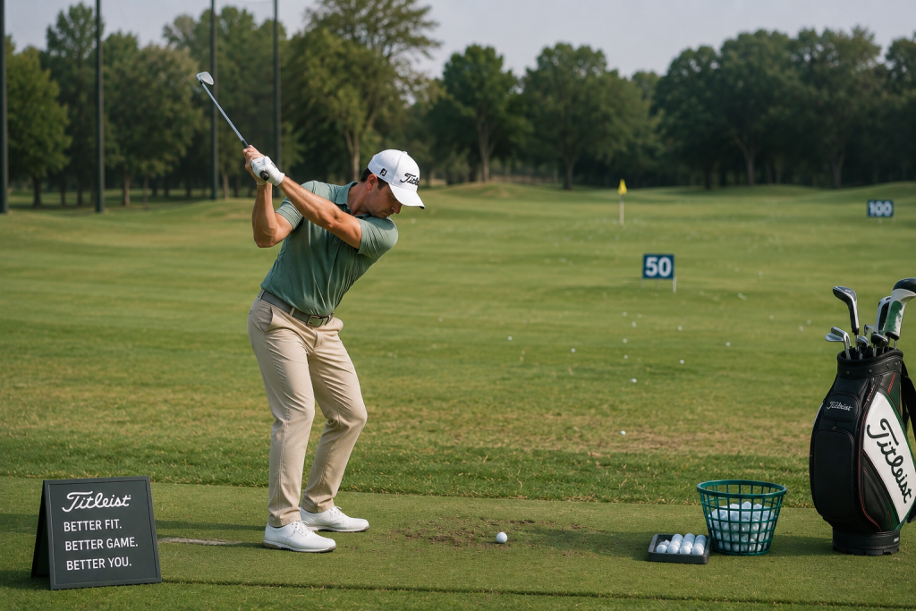 Golfer practicing backswing mechanics at driving range during golf lesson