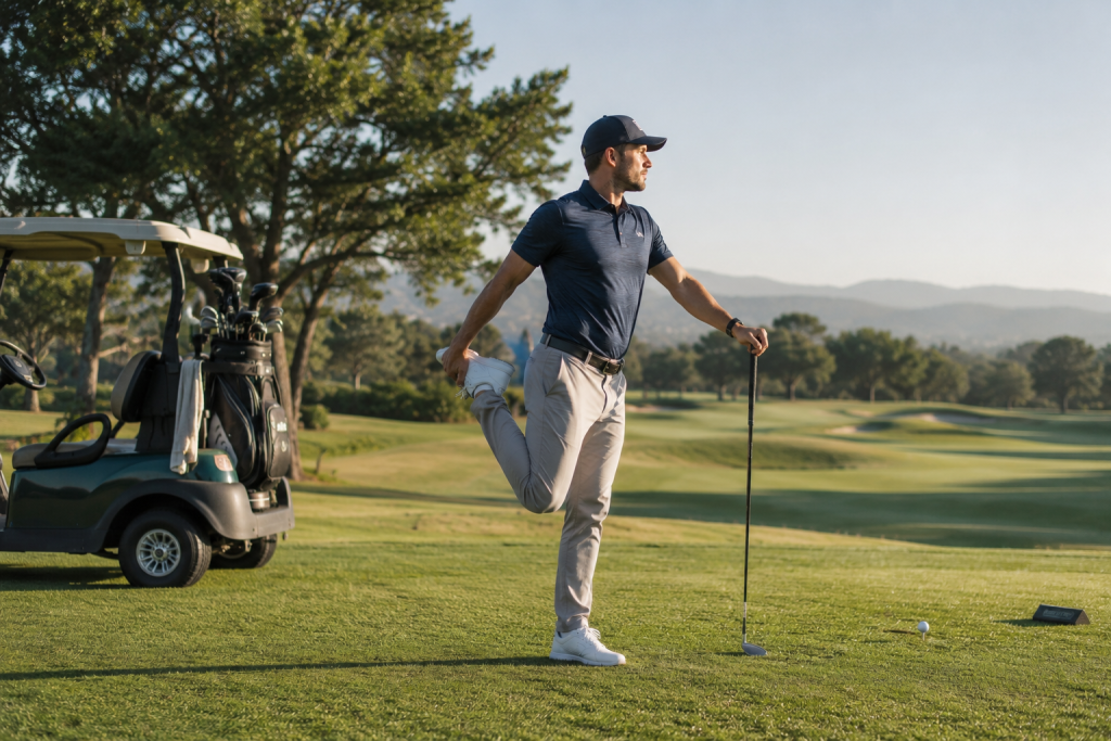 Golfer performing pre-round stretching routine beside golf cart on course