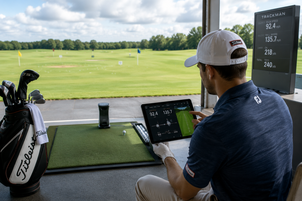 Golfer reviewing TrackMan swing data and launch monitor metrics on tablet