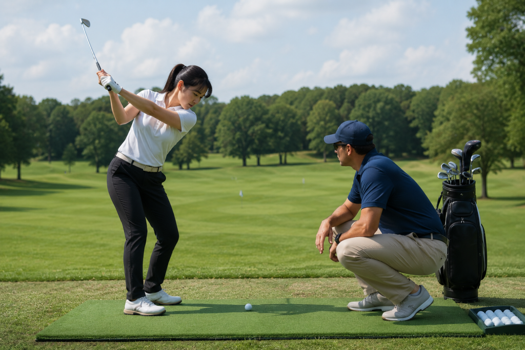 Female golfer receiving personalized swing coaching from golf instructor