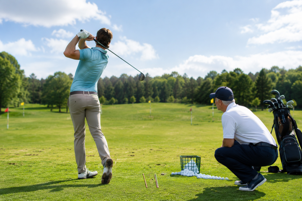 Golf instructor observing student swing and ball flight during lesson