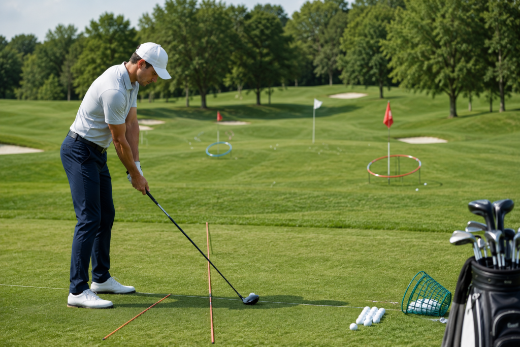 Golfer practicing driver setup with alignment sticks and training aids