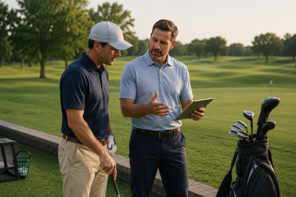 Golf instructor explaining swing feedback to student using digital coaching tools