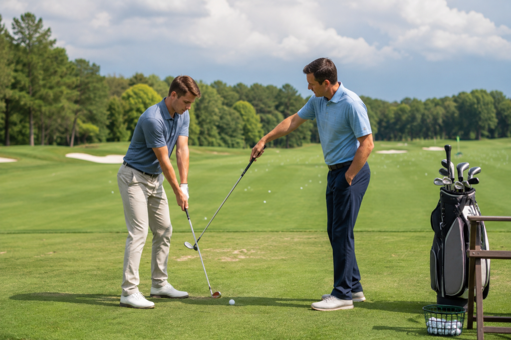 Golf instructor demonstrating proper swing position to student on practice range