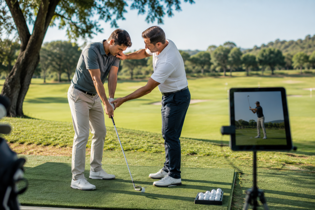 Golf instructor adjusting student posture and swing position during lesson