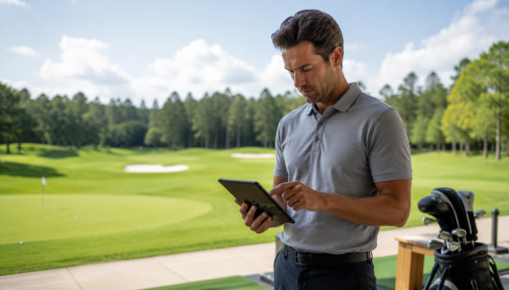 Golfer reviewing swing data and lesson notes on tablet at practice facility