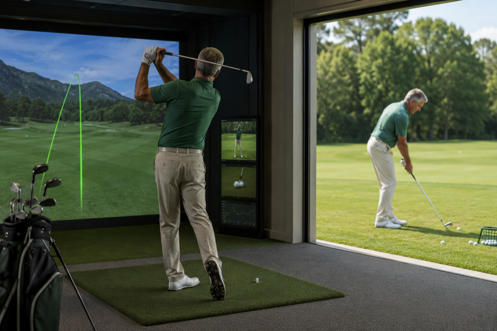 Golfer practicing swing in simulator studio with launch monitor technology