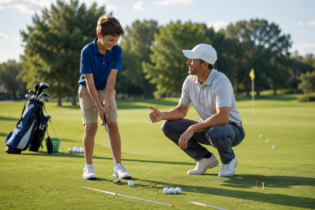 Golf coach teaching young golfer putting fundamentals on practice green